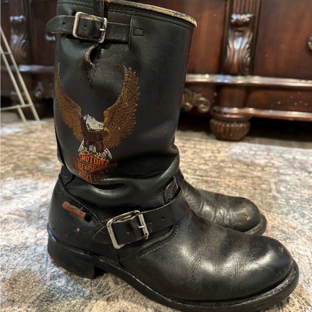 Men's Black Leather Boots with Eagle Design